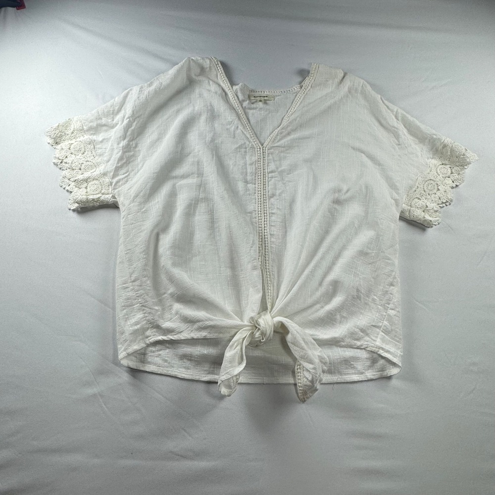 Max Studio White Crochet Lace Trim Tie Front Gauze Blouse Womens Large Boho Top
